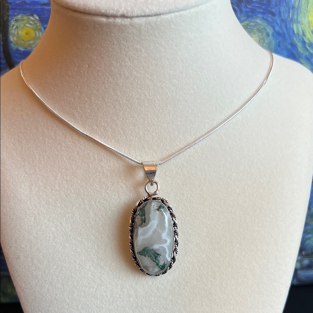 Moss Agate Pendant Silver Overlay Necklace 22” chain NEW - Picture 2 of 4